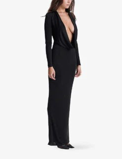Saskia Draped-front Long-sleeve Stretch-jersey Maxi Dress -Ted Bakee Clothing Shop R04146681 BLACK ALT02