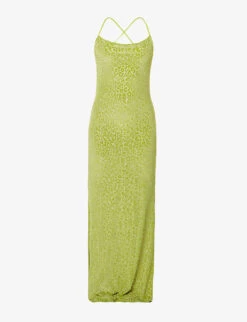 Leopard-print Cowl-neck Mesh Maxi Dress