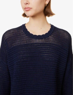 ME AND EM Scoop-neck Scalloped-trims Organic-cotton Jumper -Ted Bakee Clothing Shop R04151525 NAVY ALT04