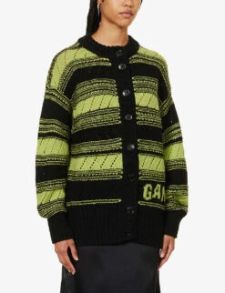 Ganni Logo-knit Striped Organic-wool Cardigan -Ted Bakee Clothing Shop R04152924 BLACK ALT02