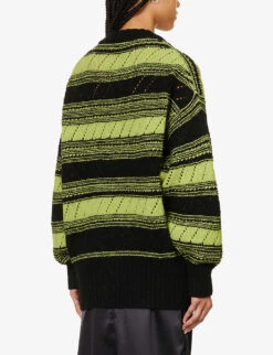 Ganni Logo-knit Striped Organic-wool Cardigan -Ted Bakee Clothing Shop R04152924 BLACK ALT03