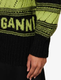 Ganni Logo-knit Striped Organic-wool Cardigan -Ted Bakee Clothing Shop R04152924 BLACK ALT04