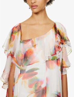 Alexander McQueen Frill-trim One-shoulder Silk Maxi Dress -Ted Bakee Clothing Shop R04153267 OPTICALWHITE ALT04