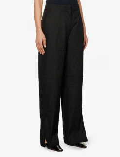 Jil Sander Wide-leg Mid-rise Cotton-blend Trousers -Ted Bakee Clothing Shop R04156567 BLACK ALT02