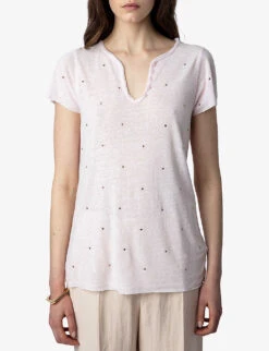 Zadig & Voltaire Tunisen Crystal-embellished Linen-blend T-shirt -Ted Bakee Clothing Shop R04156821 PARME ALT02