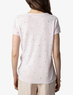 Zadig & Voltaire Tunisen Crystal-embellished Linen-blend T-shirt -Ted Bakee Clothing Shop R04156821 PARME ALT03