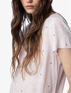 Zadig & Voltaire Tunisen Crystal-embellished Linen-blend T-shirt -Ted Bakee Clothing Shop R04156821 PARME ALT04