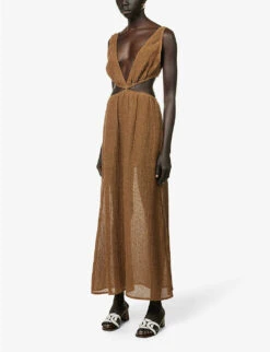 Plunge-neck Cut-out Linen Maxi Dress -Ted Bakee Clothing Shop R04157401 OLIVE ALT02