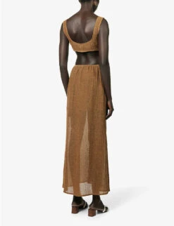 Plunge-neck Cut-out Linen Maxi Dress -Ted Bakee Clothing Shop R04157401 OLIVE ALT03