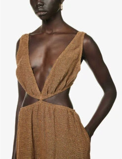 Plunge-neck Cut-out Linen Maxi Dress -Ted Bakee Clothing Shop R04157401 OLIVE ALT04