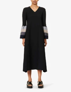 Pottery Flared-hem Recycled-polyester Knitted Midi Dress 7 Pottery Flared-hem Recycled-polyester Knitted Midi Dress -Ted Bakee Clothing Shop R04157877 BLACKMULTI ALT02