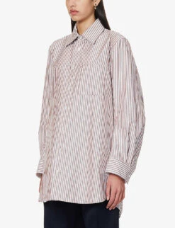 Bottega Veneta Striped Relaxed-fit Cotton Shirt -Ted Bakee Clothing Shop R04159956 CAMELDARKBROWN ALT02