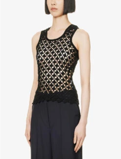 Scallop-trim Semi-sheer Knitted Top 7 Scallop-trim Semi-sheer Knitted Top -Ted Bakee Clothing Shop R04160120 BLACK ALT02