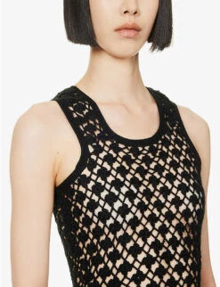 Scallop-trim Semi-sheer Knitted Top 9 Scallop-trim Semi-sheer Knitted Top -Ted Bakee Clothing Shop R04160120 BLACK ALT04
