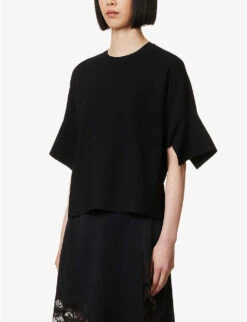 STELLA MCCARTNEY Compact Knit Dipped-hem Knitted Top -Ted Bakee Clothing Shop R04160805 BLACK ALT02