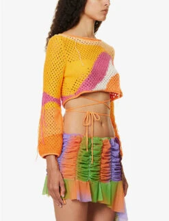 Pompelmo Colour-blocked Cropped Relaxed-fit Cotton-blend Knitted Top -Ted Bakee Clothing Shop R04161064 MULTI ALT02