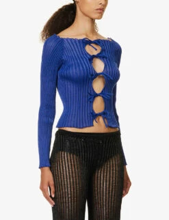 Emma Boat-neck Open-front Ribbed Cotton-blend Cardigan -Ted Bakee Clothing Shop R04164346 COLBALTBLUE ALT02