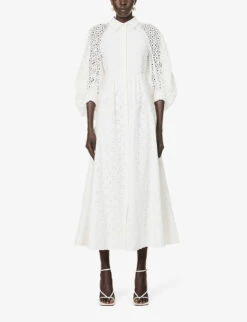 Pat Broderie-patterned Puff-sleeve Regular-fit Cotton Midi Dress -Ted Bakee Clothing Shop R04168612 WHITE ALT02