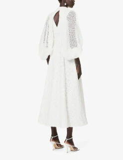 Pat Broderie-patterned Puff-sleeve Regular-fit Cotton Midi Dress -Ted Bakee Clothing Shop R04168612 WHITE ALT03