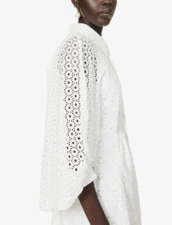 Pat Broderie-patterned Puff-sleeve Regular-fit Cotton Midi Dress -Ted Bakee Clothing Shop R04168612 WHITE ALT04