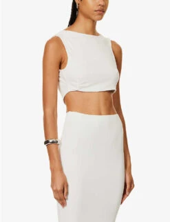 Pamplona Cropped Slim-fit Stretch-woven Top -Ted Bakee Clothing Shop R04171075 WHITE ALT02