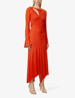 Victoria Beckham Asymmetric-hem Ruched Woven Midi Dress -Ted Bakee Clothing Shop R04180521 CRIMSON ALT02