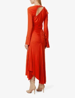 Victoria Beckham Asymmetric-hem Ruched Woven Midi Dress -Ted Bakee Clothing Shop R04180521 CRIMSON ALT03