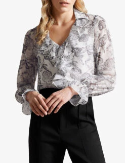 Ted Baker Anniye Ruffle-trim Grafic-print Woven Blouse -Ted Bakee Clothing Shop R04181239 WHITE ALT02