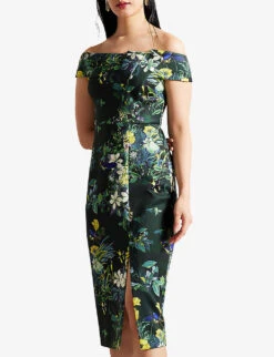Ted Baker Divena Bardot Floral-print Stretch-woven Midi Dress -Ted Bakee Clothing Shop R04181247 DKGREEN ALT02
