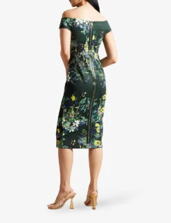 Ted Baker Divena Bardot Floral-print Stretch-woven Midi Dress -Ted Bakee Clothing Shop R04181247 DKGREEN ALT03