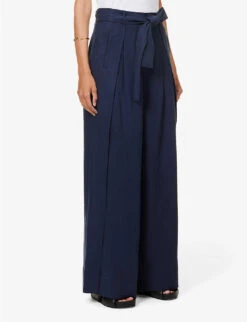 ME AND EM Belted Wide-leg High-rise Woven Trousers -Ted Bakee Clothing Shop R04181885 NAVYECLIPSE ALT02