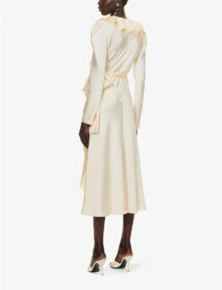 Philosophy Di Lorenzo Serafini Ruffle-trim V-neckline Woven Midi Dress -Ted Bakee Clothing Shop R04183939 IVORY ALT03