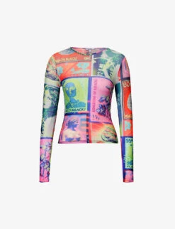 Graphic-print Slim-fit Stretch-recycled Polyester Mesh Top