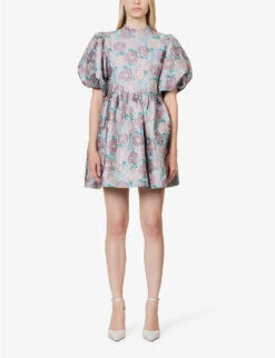 SISTER JANE Iceland Poppy Floral-print Woven-blend Mini Dress -Ted Bakee Clothing Shop R04185643 TURQUOISEBLUE ALT02