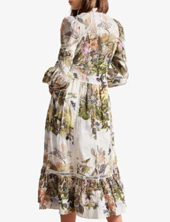 Ted Baker Maylily High-neck Floral-print Linen Midi Dress -Ted Bakee Clothing Shop R04189310 WHITE ALT02