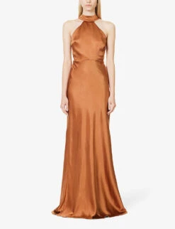Halterneck Slim-fit Satin Maxi Dress -Ted Bakee Clothing Shop R04189849 RUST ALT02