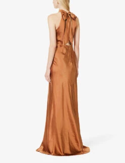 Halterneck Slim-fit Satin Maxi Dress -Ted Bakee Clothing Shop R04189849 RUST ALT03