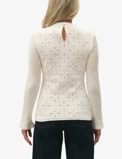 CLAUDIE PIERLOT Round-neck Openwork-detail Knitted Jumper -Ted Bakee Clothing Shop R04189946 NATURELS ALT03
