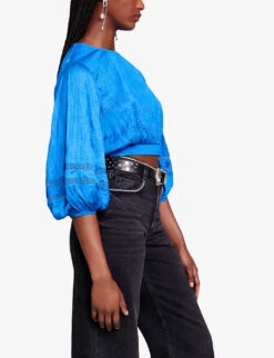 Maje Lapra Puff-sleeve Open-work Satin Top -Ted Bakee Clothing Shop R04190043 BLEUS ALT02
