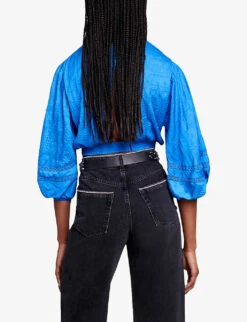 Maje Lapra Puff-sleeve Open-work Satin Top -Ted Bakee Clothing Shop R04190043 BLEUS ALT03