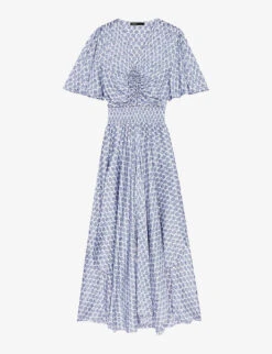 Maje Rachelona Monogram-print Asymmetric-hem Satin Midi Dress