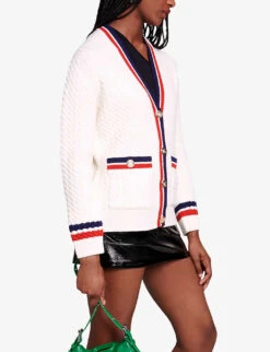 Maje Medhi V-neck Contrast-trim Stretch-knit Cardigan -Ted Bakee Clothing Shop R04190432 BLANC ALT02