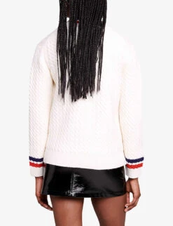 Maje Medhi V-neck Contrast-trim Stretch-knit Cardigan -Ted Bakee Clothing Shop R04190432 BLANC ALT03