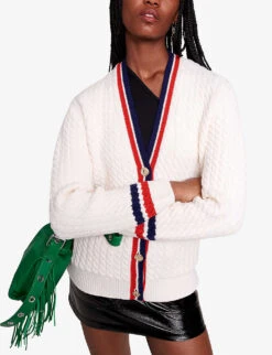 Maje Medhi V-neck Contrast-trim Stretch-knit Cardigan -Ted Bakee Clothing Shop R04190432 BLANC ALT04