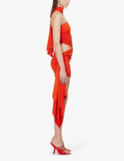 Mugler Asymmetric-neck Draped-panel Stretch-woven Mini Dress -Ted Bakee Clothing Shop R04192662 FIRE ALT02