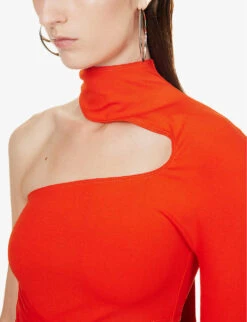 Mugler Asymmetric-neck Draped-panel Stretch-woven Mini Dress -Ted Bakee Clothing Shop R04192662 FIRE ALT04