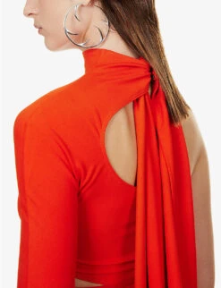 Mugler Asymmetric-neck Draped-panel Stretch-woven Mini Dress -Ted Bakee Clothing Shop R04192662 FIRE ALT05