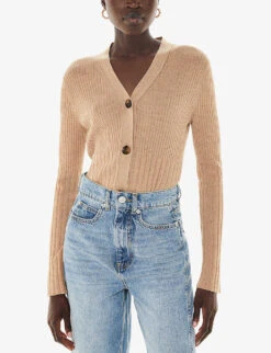 Whistles Button-down Long-sleeve Cotton-blend Ribbed Cardigan -Ted Bakee Clothing Shop R04194651 TAN ALT02