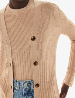 Whistles Button-down Long-sleeve Cotton-blend Ribbed Cardigan -Ted Bakee Clothing Shop R04194651 TAN ALT04