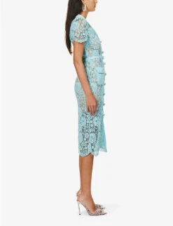 SELF PORTRAIT Floral-embroidered Collared Lace Midi Dress -Ted Bakee Clothing Shop R04195732 BLUE ALT02
